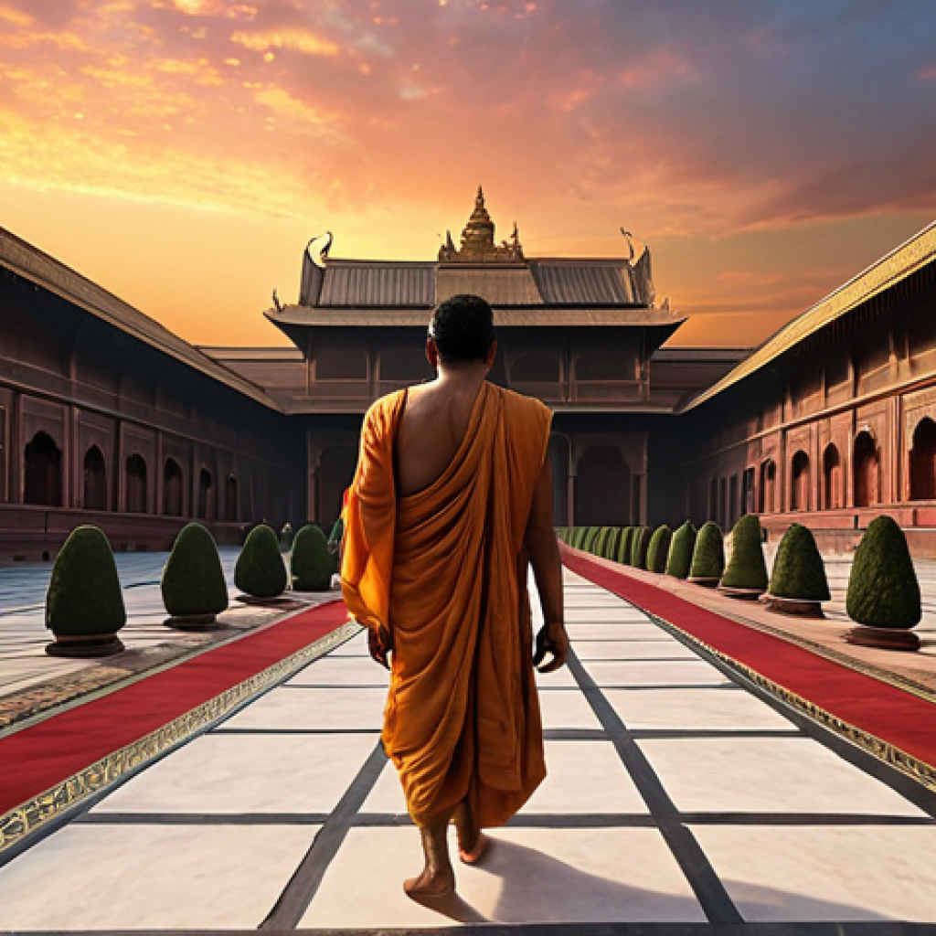 **
"Siddhartha leaving the palace, renouncing his princely life, with a determined expression, walking away from luxury, a poignant scene of departure under a twilight sky."
**