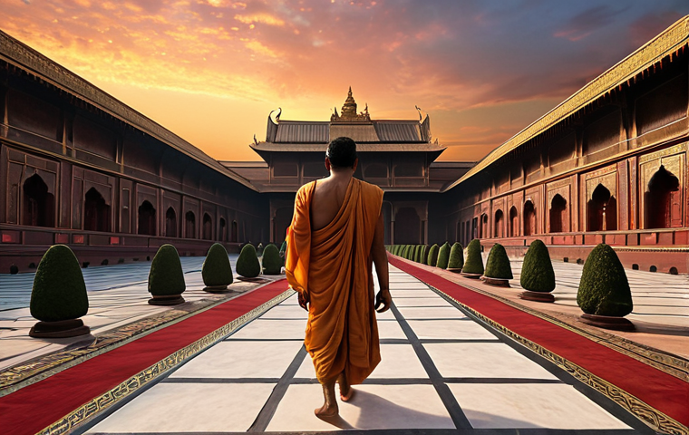 **

"Siddhartha leaving the palace, renouncing his princely life, with a determined expression, walking away from luxury, a poignant scene of departure under a twilight sky."

**