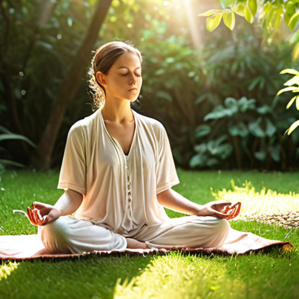 **Prompt:** A serene individual meditating in a lush garden, sunlight filtering through the leaves. Focus on mindfulness, peace, and the beauty of the present moment. Soft, warm color palette.