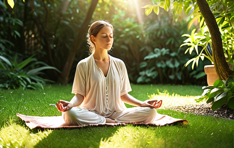 **Prompt:** A serene individual meditating in a lush garden, sunlight filtering through the leaves. Focus on mindfulness, peace, and the beauty of the present moment. Soft, warm color palette.