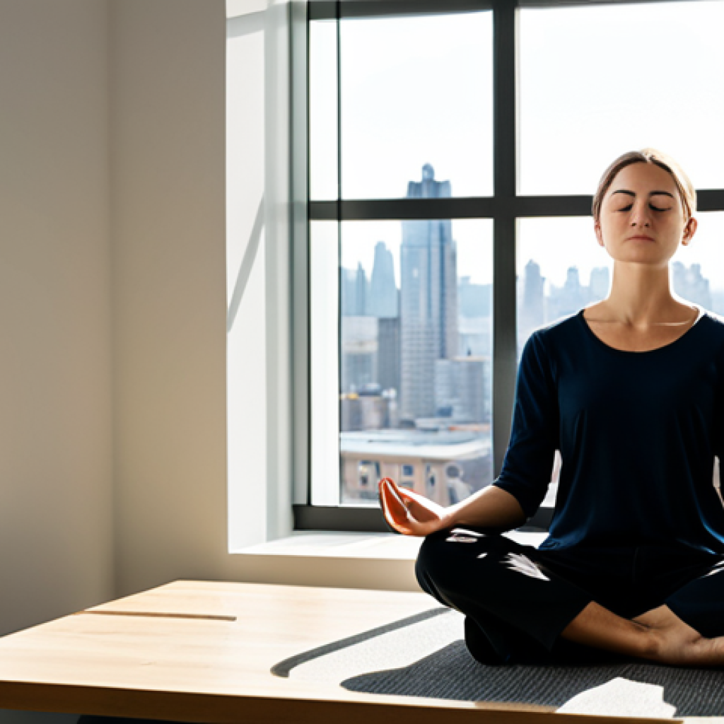 A professional adult, fully clothed in modest, comfortable business attire, meditating serenely in a modern, sunlit office space with a large window overlooking a bustling city skyline. The individual is in a natural, cross-legged pose on a meditation cushion, with a calm expression, reflecting inner peace and clarity. A small, potted plant sits on the desk nearby, adding a subtle natural element. The scene is well-lit, with soft, ambient lighting, conveying a sense of urban tranquility. Perfect anatomy, correct proportions, well-formed hands, proper finger count, natural body proportions. Professional photography, high-resolution, safe for work, appropriate content, family-friendly.