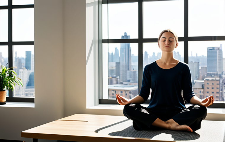 A professional adult, fully clothed in modest, comfortable business attire, meditating serenely in a modern, sunlit office space with a large window overlooking a bustling city skyline. The individual is in a natural, cross-legged pose on a meditation cushion, with a calm expression, reflecting inner peace and clarity. A small, potted plant sits on the desk nearby, adding a subtle natural element. The scene is well-lit, with soft, ambient lighting, conveying a sense of urban tranquility. Perfect anatomy, correct proportions, well-formed hands, proper finger count, natural body proportions. Professional photography, high-resolution, safe for work, appropriate content, family-friendly.