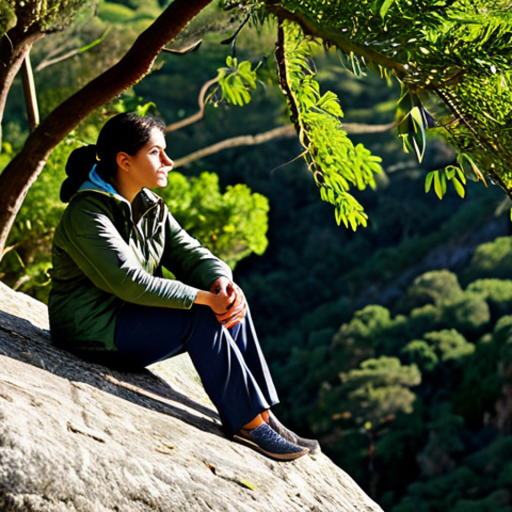 A contemplative woman, of Portuguese descent, sits peacefully on a smooth rock in the serene Parque Natural da Arr&aacute;bida, deeply immersed in the lush natural environment. She wears modest and practical outdoor clothing, including a light hiking jacket and trousers, ensuring she is fully clothed. Her gaze is focused on the intricate textures of green leaves nearby, bathed in soft, natural sunlight filtering through the dense tree canopy. The scene evokes a deep sense of interconnection and mindfulness with nature. The background shows hints of the diverse Portuguese landscape, perhaps distant hills or the coast. Professional nature photography, high detail, perfect anatomy, correct proportions, natural pose, well-formed hands, proper finger count, natural body proportions, safe for work, appropriate content, fully clothed, family-friendly.
