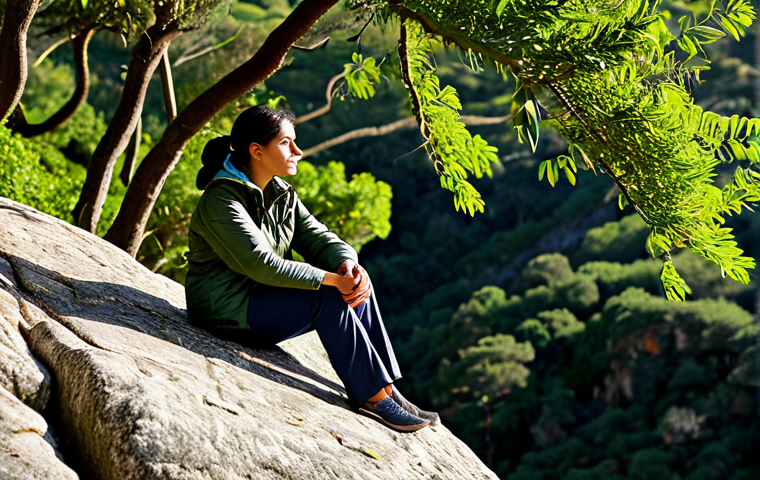 A contemplative woman, of Portuguese descent, sits peacefully on a smooth rock in the serene Parque Natural da Arrábida, deeply immersed in the lush natural environment. She wears modest and practical outdoor clothing, including a light hiking jacket and trousers, ensuring she is fully clothed. Her gaze is focused on the intricate textures of green leaves nearby, bathed in soft, natural sunlight filtering through the dense tree canopy. The scene evokes a deep sense of interconnection and mindfulness with nature. The background shows hints of the diverse Portuguese landscape, perhaps distant hills or the coast. Professional nature photography, high detail, perfect anatomy, correct proportions, natural pose, well-formed hands, proper finger count, natural body proportions, safe for work, appropriate content, fully clothed, family-friendly.