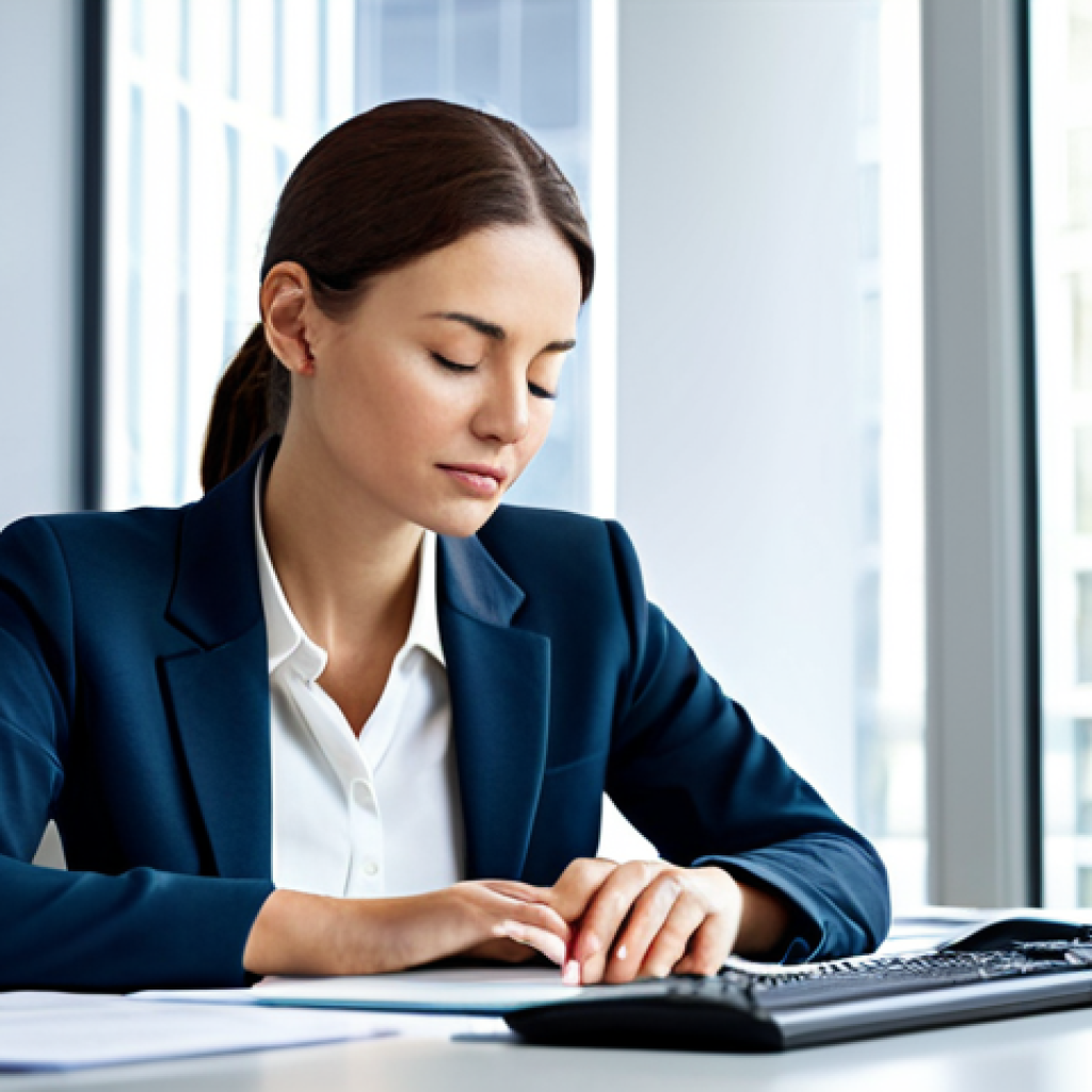 A professional woman in a modest business suit, seated serenely at a clean desk in a modern, well-lit office. Her eyes are gently closed, and her posture conveys a sense of calm focus amidst a soft, ambient blur of office activity in the background. She embodies mindfulness in a busy environment. Fully clothed, appropriate attire, safe for work, professional, perfect anatomy, correct proportions, natural pose, well-formed hands, proper finger count, natural body proportions, high-quality professional photography.
