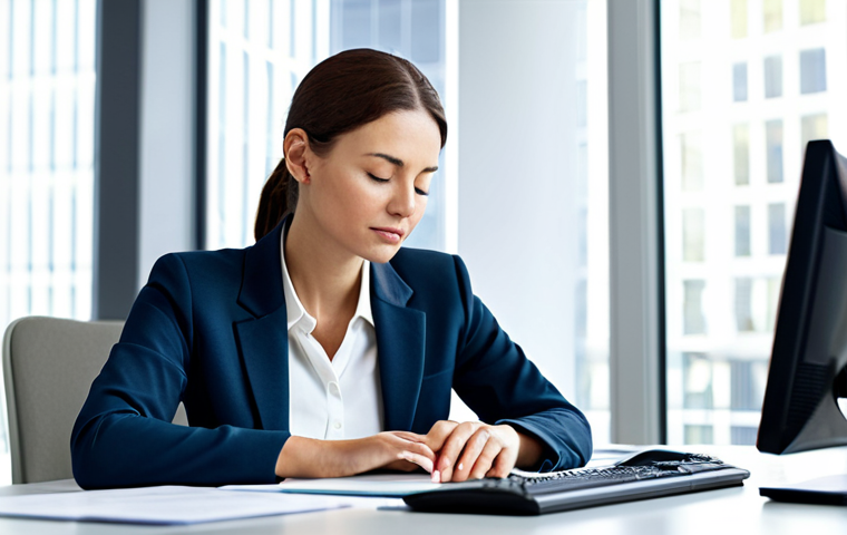 A professional woman in a modest business suit, seated serenely at a clean desk in a modern, well-lit office. Her eyes are gently closed, and her posture conveys a sense of calm focus amidst a soft, ambient blur of office activity in the background. She embodies mindfulness in a busy environment. Fully clothed, appropriate attire, safe for work, professional, perfect anatomy, correct proportions, natural pose, well-formed hands, proper finger count, natural body proportions, high-quality professional photography.