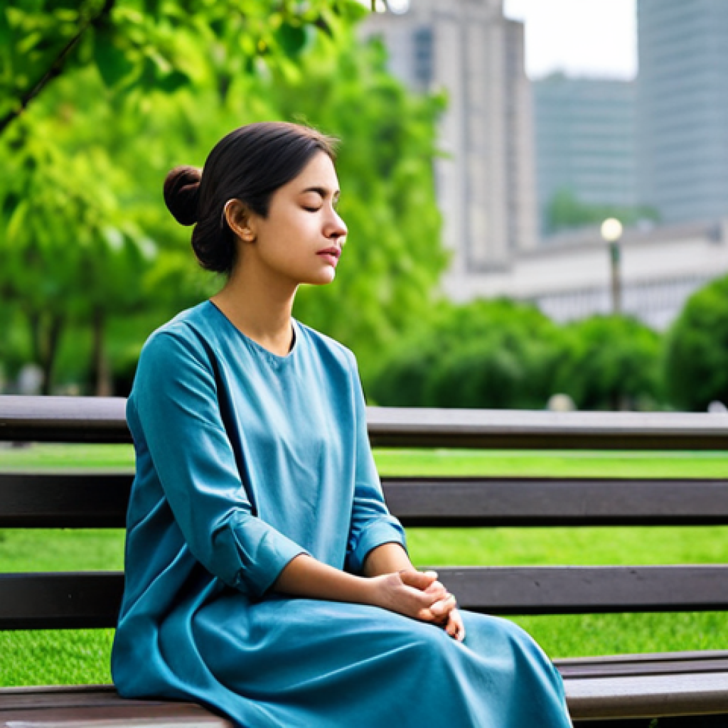 Serene Urban Oasis**
A woman fully clothed in modest, comfortable clothing practices mindful breathing on a park bench surrounded by lush greenery amidst a bustling city. Focus on the peaceful expression and calming aura. Background includes blurred city elements suggesting movement, but with an overall sense of tranquility. Safe for work, appropriate content, professional, perfect anatomy, correct proportions, natural pose, high quality.
**