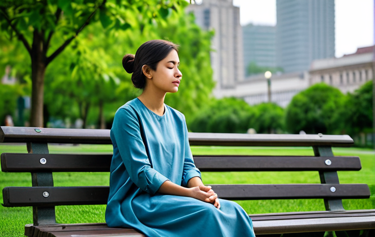 Serene Urban Oasis**
A woman fully clothed in modest, comfortable clothing practices mindful breathing on a park bench surrounded by lush greenery amidst a bustling city. Focus on the peaceful expression and calming aura. Background includes blurred city elements suggesting movement, but with an overall sense of tranquility. Safe for work, appropriate content, professional, perfect anatomy, correct proportions, natural pose, high quality.
**