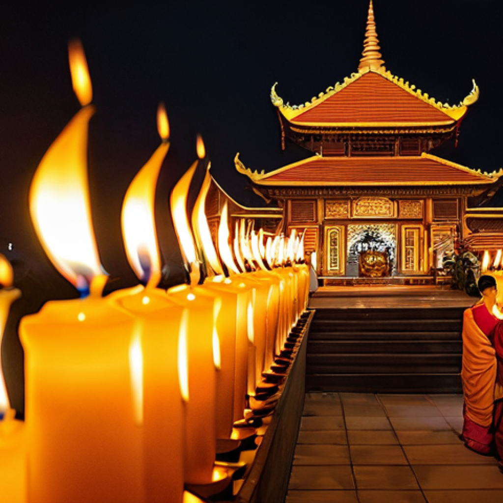 불교 축제와 행사 - **Vesak Candlelight Procession:**
    "A serene and majestic scene depicting a Vesak (Visakha Bucha)...