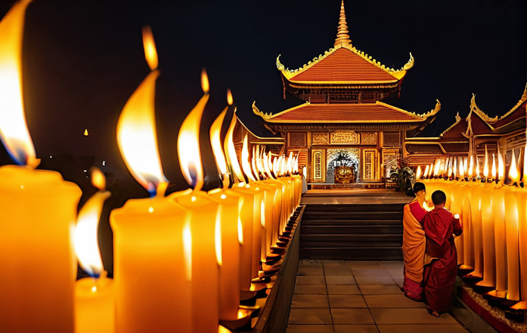 불교 축제와 행사 - **Vesak Candlelight Procession:**
"A serene and majestic scene depicting a Vesak (Visakha Bucha)...