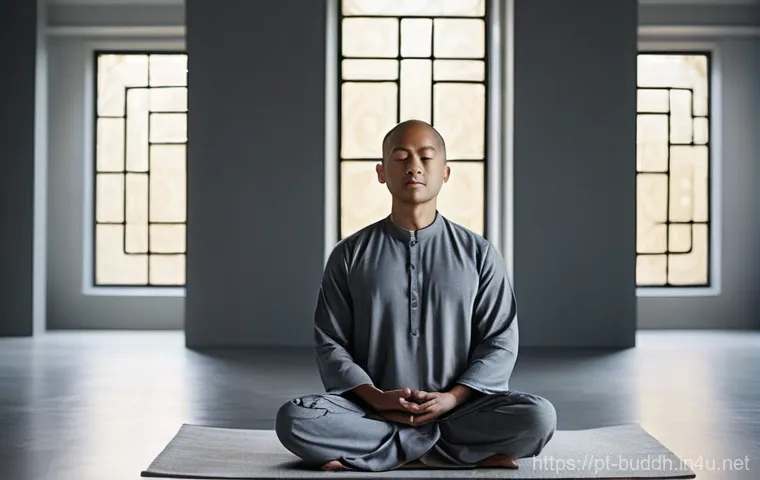불교와 우주 의식 - **Prompt:** "A serene figure meditating in a modern, minimalist room, bathed in soft, natural light....