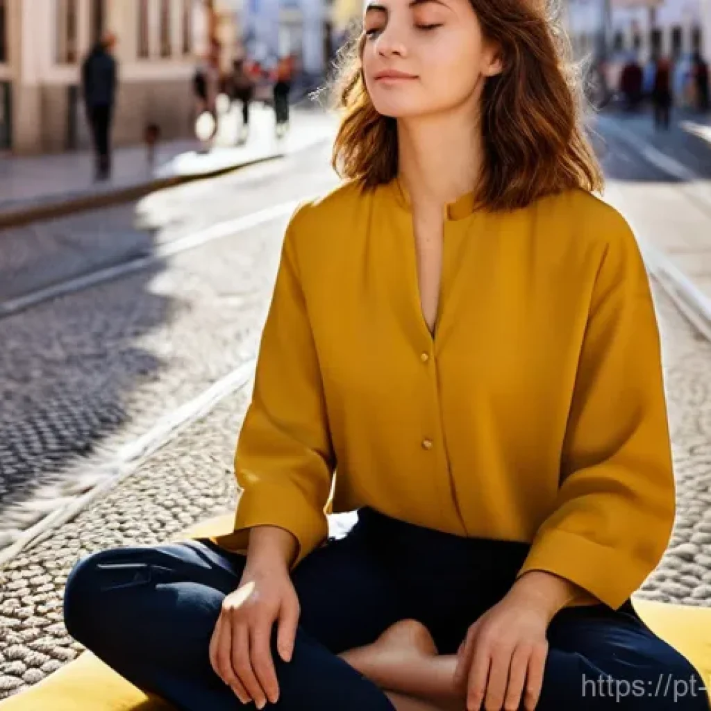 불교의 대중화 - **Prompt:** A serene young woman, dressed in comfortable yet stylish casual clothing, sits in a mind...