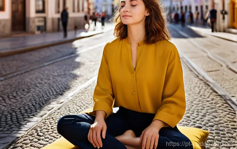 불교의 대중화 - **Prompt:** A serene young woman, dressed in comfortable yet stylish casual clothing, sits in a mind...