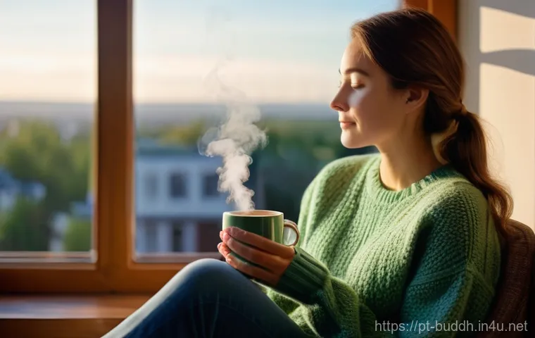 불교에서의 믿음과 신뢰 - **Prompt 1: Serene Morning Reflection**
"A cozy, brightly lit indoor scene. A woman in her late ...