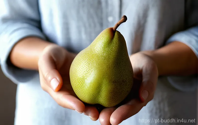 불교와 음식 문화 - **Mindful Moment with a Portuguese Pear**
    A serene, close-up shot of a person's hands (gender-ne...