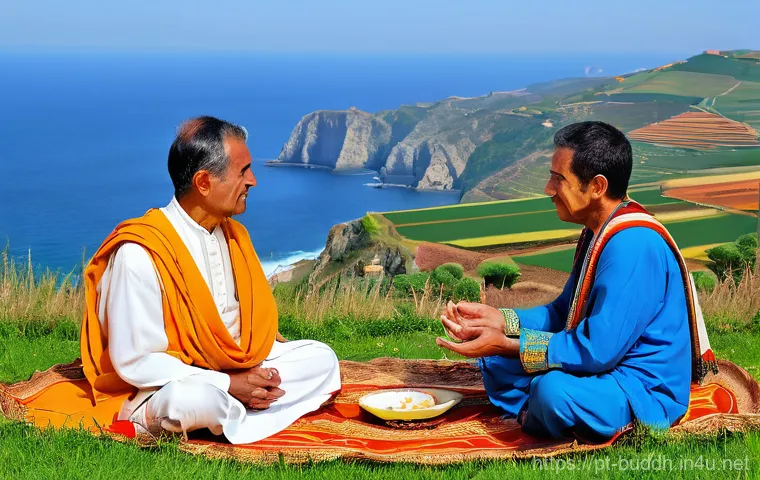 불교에서의 종교적 다원주의 - **Prompt 1: Bridging Faiths Through Compassionate Dialogue in Lisbon**
    "A diverse group of adult...