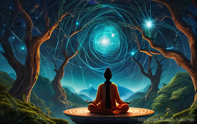 불교에서의 우주의 운행 - **A Cosmic Dance of Interconnection:** A breathtaking, high-definition digital painting depicting th...