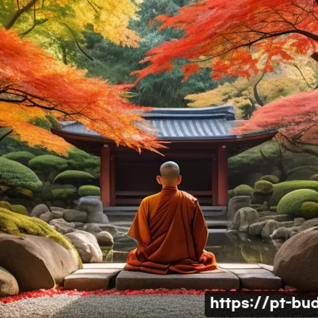 금강경 해석 - A serene Buddhist monk meditating peacefully in a traditional Japanese Zen garden during autumn, sur...
