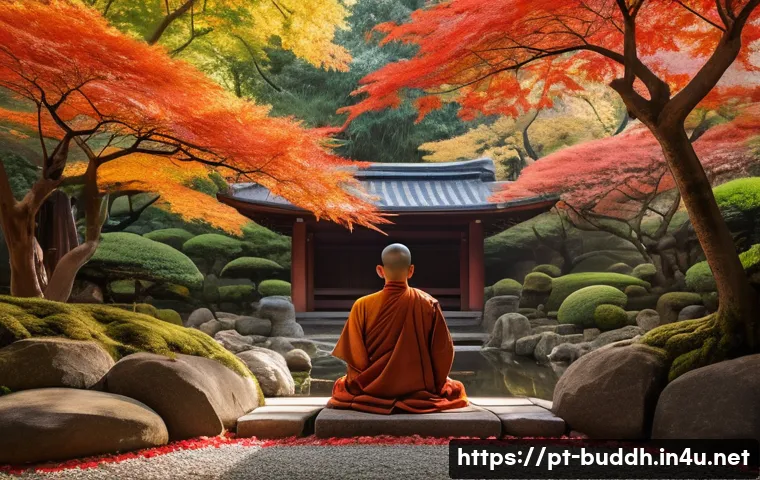 금강경 해석 - A serene Buddhist monk meditating peacefully in a traditional Japanese Zen garden during autumn, sur...