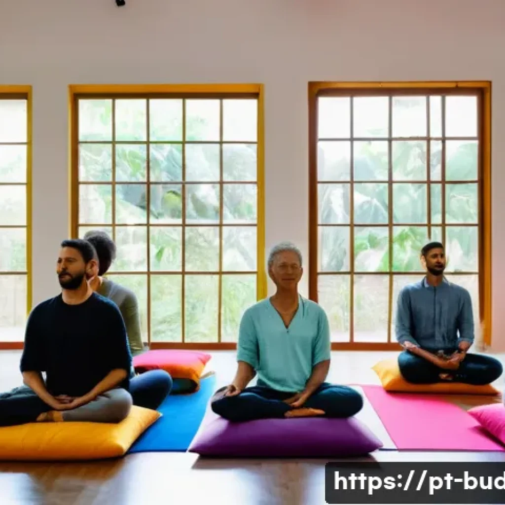불교에서의 미래 비전 - A serene scene of a diverse group of adults practicing mindfulness meditation in a bright, modern co...