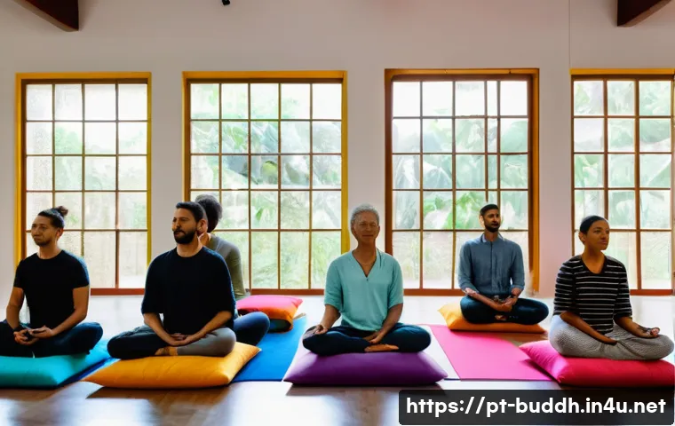불교에서의 미래 비전 - A serene scene of a diverse group of adults practicing mindfulness meditation in a bright, modern co...