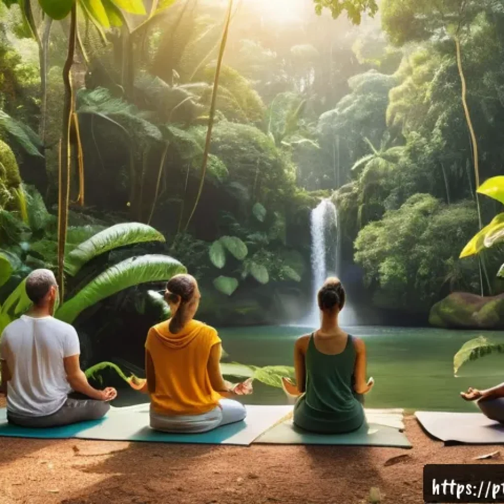 불교와 서양 철학 - A serene and contemplative scene of a diverse group of adults practicing mindfulness meditation outd...