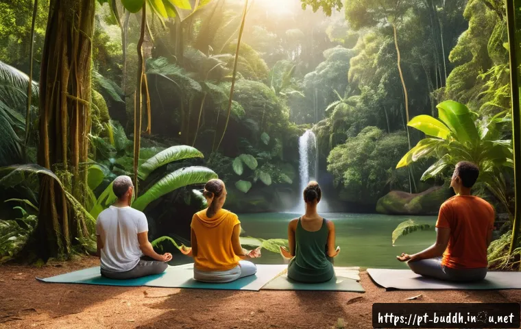불교와 서양 철학 - A serene and contemplative scene of a diverse group of adults practicing mindfulness meditation outd...
