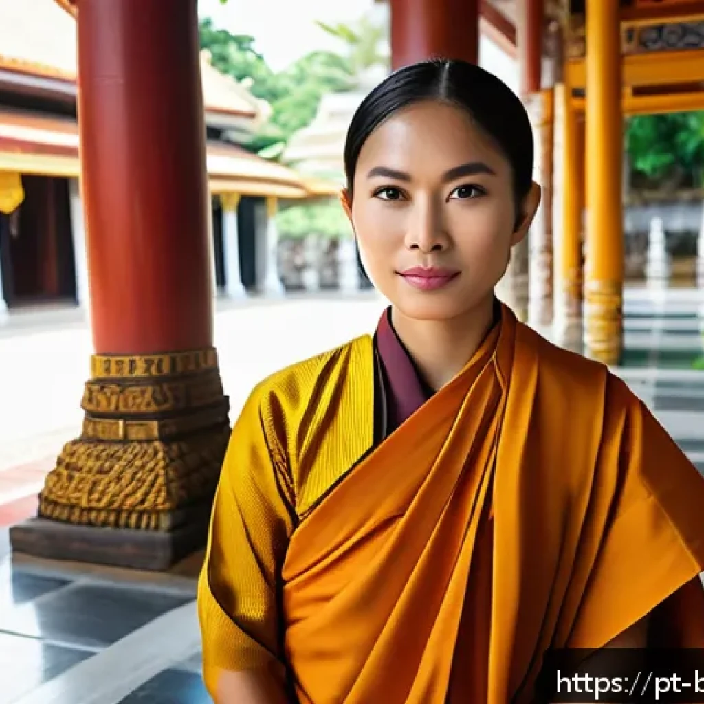 불교와 여성 - A dignified female Buddhist monastic in traditional Thai robes with modest coverage, standing in a s...