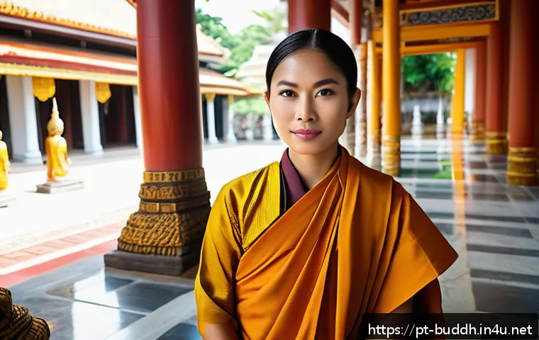 불교와 여성 - A dignified female Buddhist monastic in traditional Thai robes with modest coverage, standing in a s...