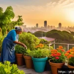 Home 22 불교와 자연 - A serene Brazilian urban garden scene at sunrise, featuring diverse native plants and colorful flowe...