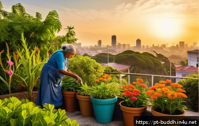 불교와 자연 - A serene Brazilian urban garden scene at sunrise, featuring diverse native plants and colorful flowe...