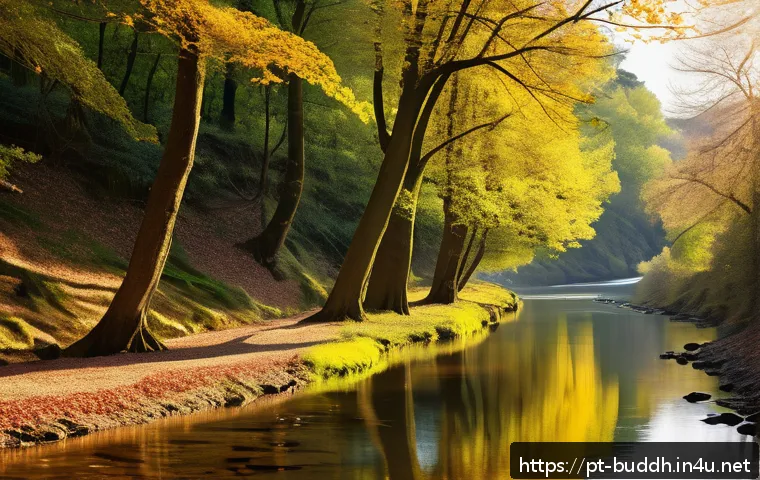 불교와 자연의 순환 - A serene natural scene symbolizing impermanence and interconnectivity: a gently flowing river windin...