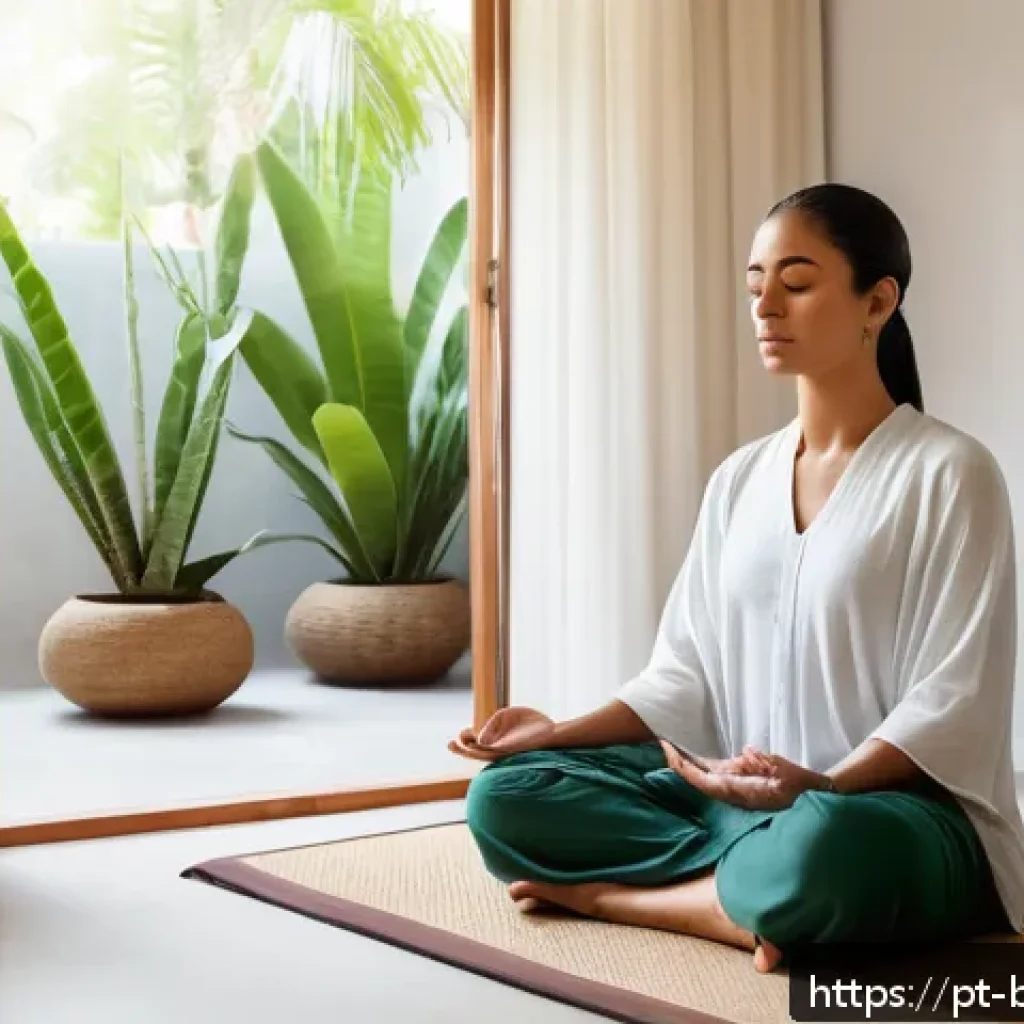 불교의 경전 암송 - A serene indoor meditation space in a modern Brazilian apartment, featuring a young adult woman sitt...