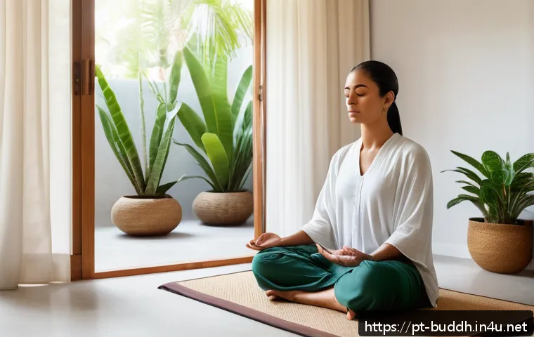불교의 경전 암송 - A serene indoor meditation space in a modern Brazilian apartment, featuring a young adult woman sitt...