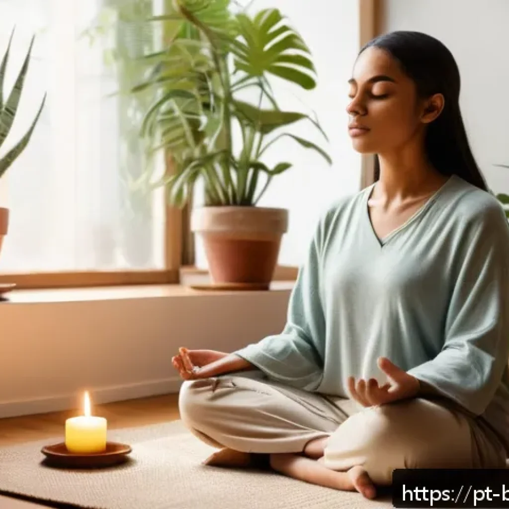 불교에서의 현대적 명상 - A serene scene of a young adult woman practicing mindful breathing meditation indoors, sitting cross...
