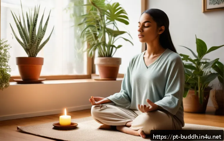불교에서의 현대적 명상 - A serene scene of a young adult woman practicing mindful breathing meditation indoors, sitting cross...