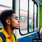 Home 23 불교에서의 정신 건강 - A serene urban commuter scene focusing on a young adult practicing mindful breathing on a crowded pu...