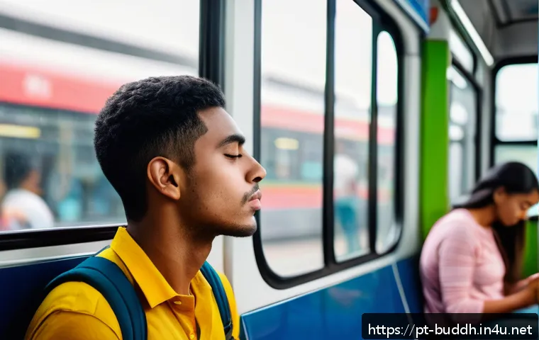 불교에서의 정신 건강 - A serene urban commuter scene focusing on a young adult practicing mindful breathing on a crowded pu...
