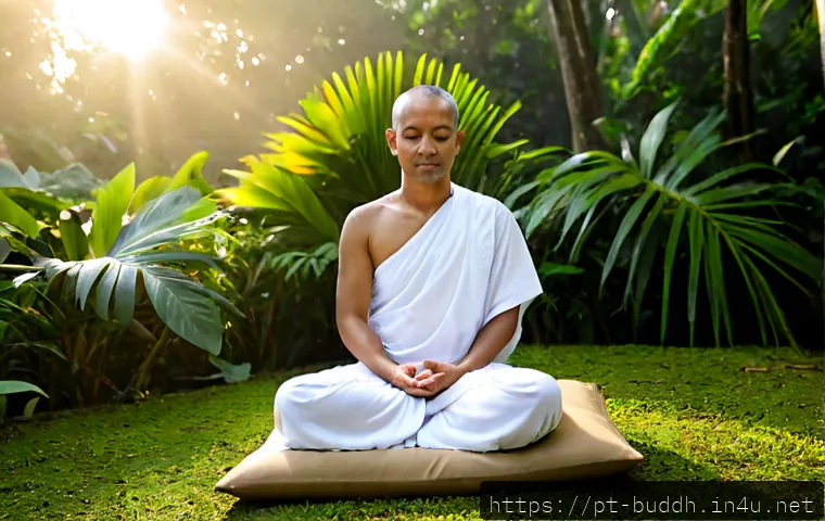 불교에서의 영적 자유 - Photorealistic serene Buddhist meditation scene in a quiet Brazilian botanical garden at sunrise, an...
