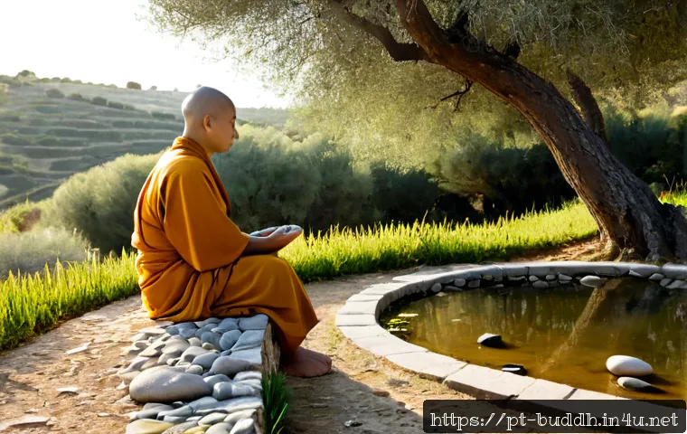 Home 17 불교에서의 미래 계획 - Photorealistic serene Buddhist monk in simple saffron robes sitting beside a quiet garden pond at a ...